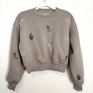 Cotton Essentials Western Taupe Embroidered Crop Sweatshirt Women’s XS Novelty